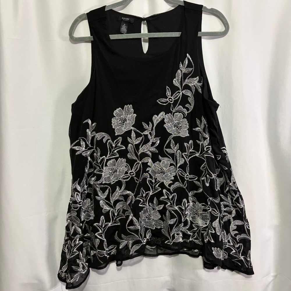 Alfani Woman Black Mesh Silver Metallic Floral Embroidered Sleeveless Blouse 1X